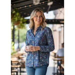 Lands End Womens Blue Floral Print Long‎ Sleeve Button Up Shirt Size 12